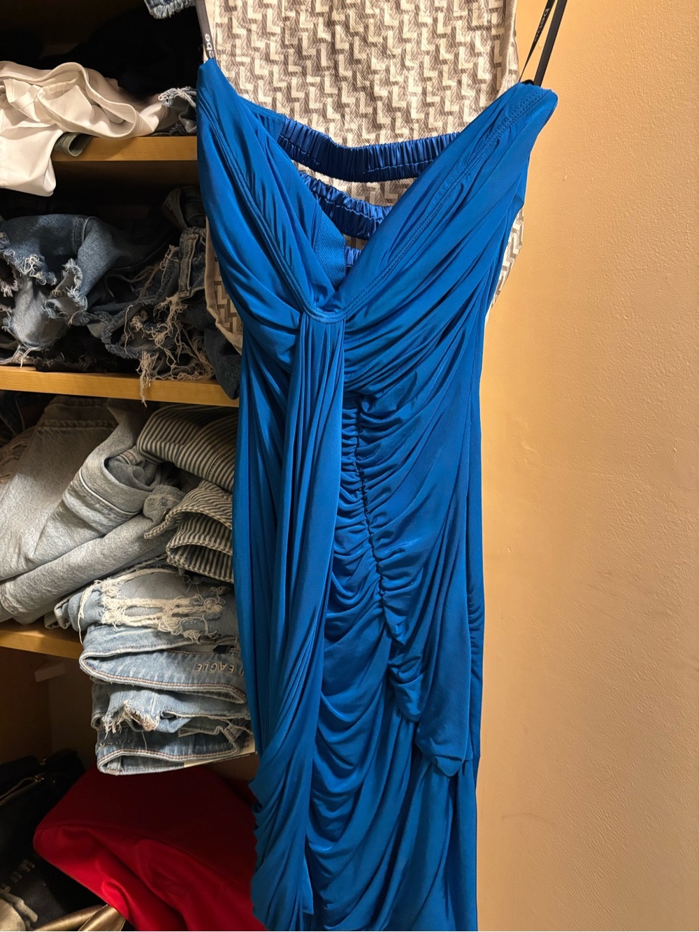 bebe Electric Blue Strapless Ruched Draped Dress